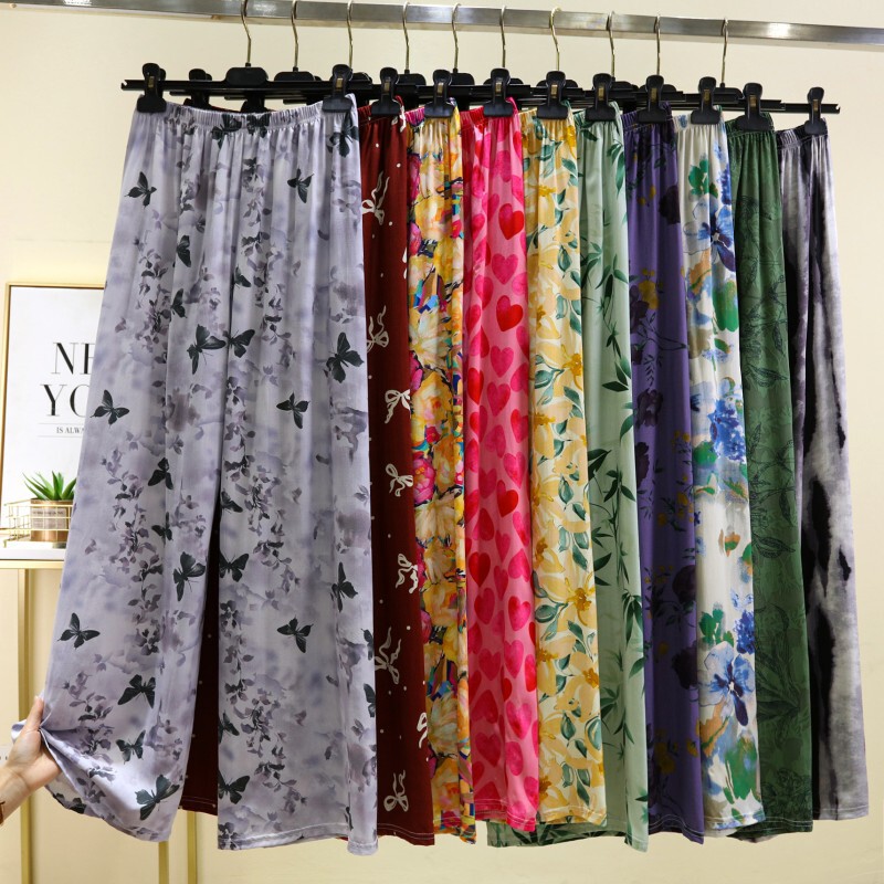 Cotton Silk Casual Pants Women's Summer Thin Loose Home Pants Mother's Artificial Cotton Pants Air Conditioning Pants Pajama Pants Wide Leg Pants