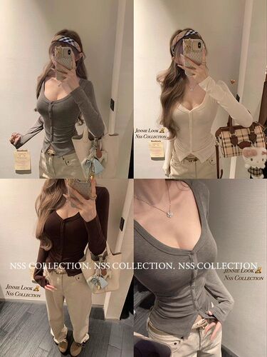 260g Cotton Modal V-neck Revealing Lock Bone Long-sleeve Collar Button Fitted Basic Top for Layering