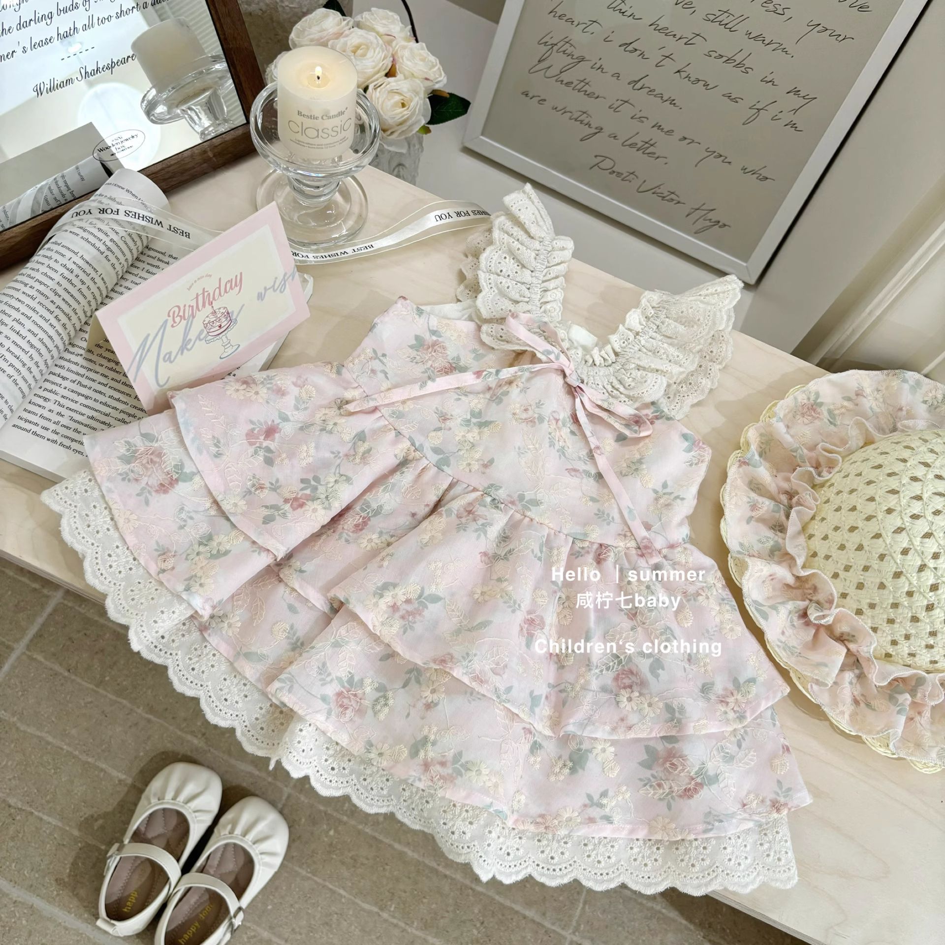 [Xianning Seven] Flores de cerezo originales ~ Vestido de encaje floral suave con mangas pequeñas y dulces de verano para niñas