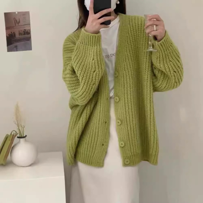 Soft Milk Blue Thickened Mid-Length Knitted Cardigan for Women, New Autumn and Winter Style, Loose and Lazy V-Neck Chunky Knit Sweater Coat