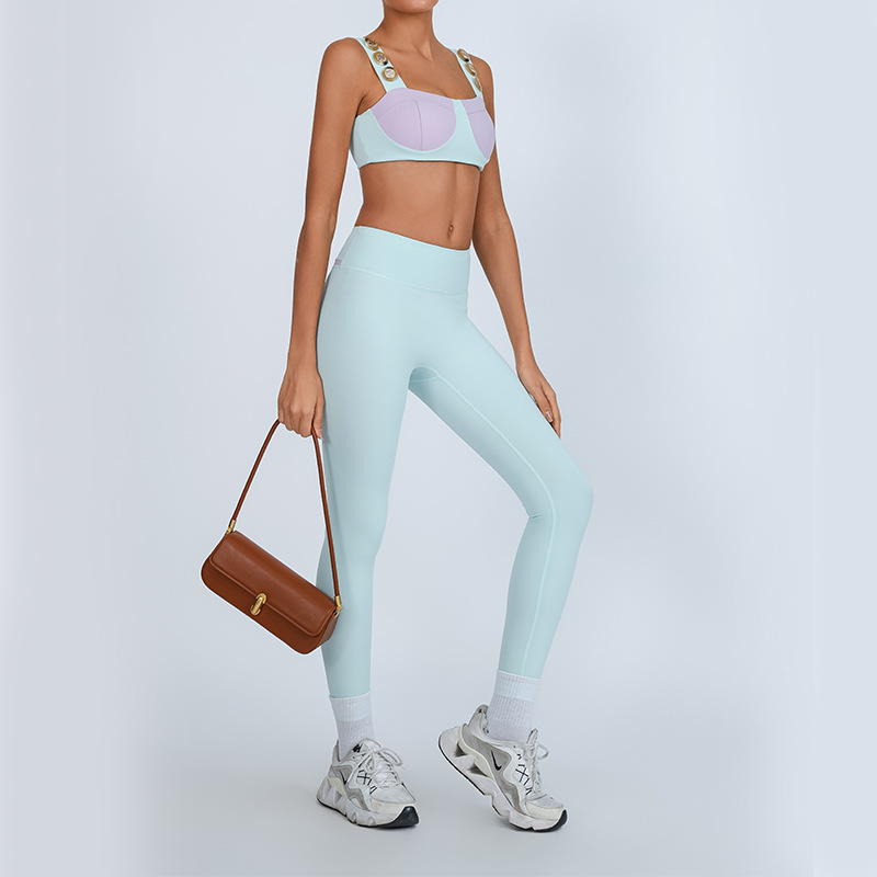 Traje de fitness deportivo transfronterizo de comercio exterior, pecho envuelto en color en contraste para mujer, chaleco con almohadilla para el pecho, pantalones desnudos de secado rápido de alta elasticidad