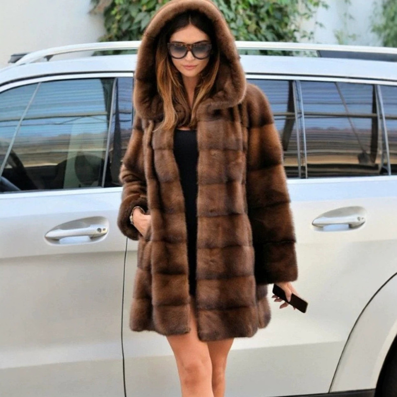 Women's Imitation Mink Fur Outwear, Mid-Length Hooded Outwear, Fur Large Size Casual Warm Loose Work Clothing Women's Imitation Mink Fur Outwear, Mid-Length Hooded Outwear, Fur Large Size Casual Warm Loose Work Clothing