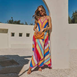 Boho Rainbow Stripe Sleeveless Long Dress彩色条纹无袖度假裙