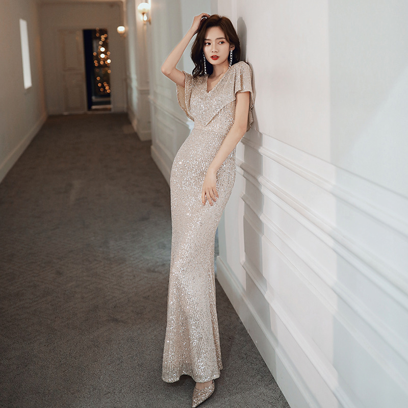 Vestido de noche estilo sirena para mujer, nuevo estilo 2026, corte ajustado, elegante, con lentejuelas, para anfitriona de banquete.
