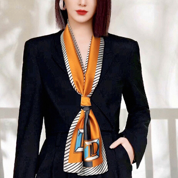 Long Silk Scarf for Women, Versatile Orange 2023 New Thin and Stylish Winter and Autum Black and White Scarf, Korean Style Scarf