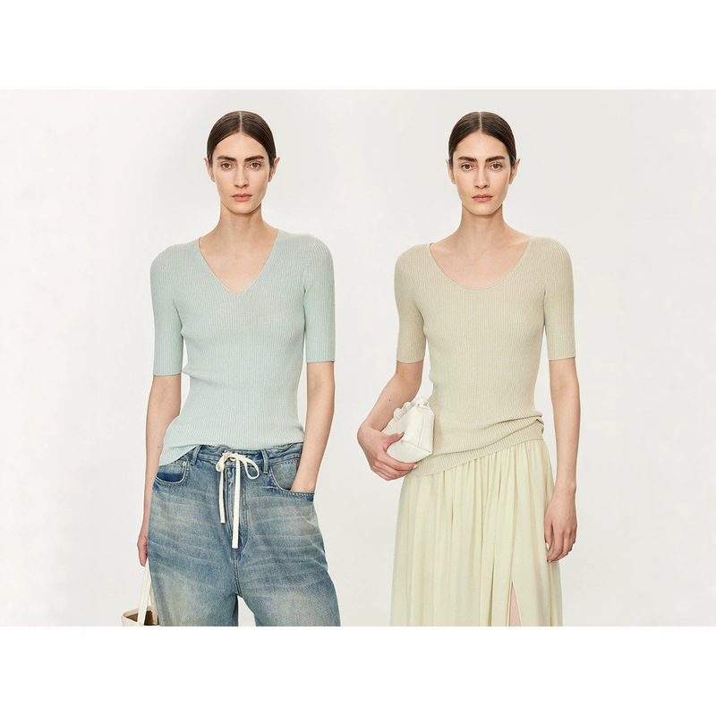 Chicjoc Ultra-Fine Tencel Yarn + Japanese Seamless Fully Formed Slimming Ribbed Rolled Edge Round Neck Mid-Sleeve T-Shirt Chicjoc Ultra-Fine Tencel Yarn + Japanese Seamless Fully Formed Slimming Ribbed Rolled Edge Round Neck Mid-Sleeve T-Shirt