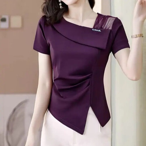 Summer 2025 new purple-style short-sleeved T-shirt women's fashion, age-reducing, slimming, all-matching, foreign-style irregular top H