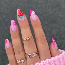 跨境美甲草莓粉色法式花朵可爱简约穿戴甲可拆卸假指甲甜美不分码