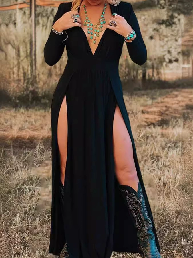 2025 Европейская и американская одежда Amazon независимая станция длинный рукав V-образный вырез однотонное платье с вырезами длинная юбка