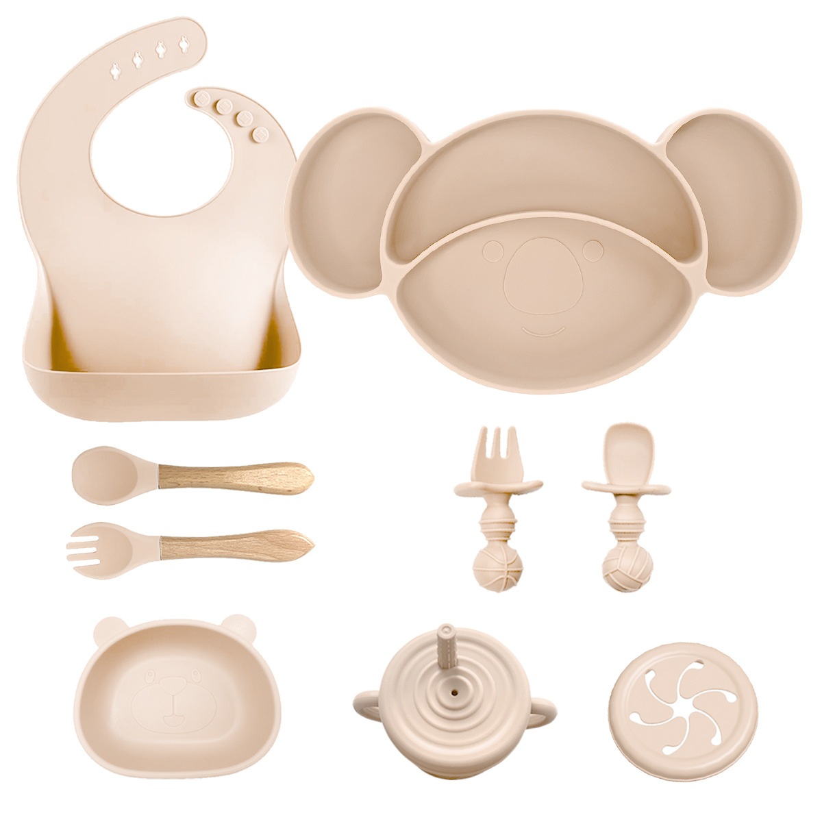 Nuevos productos transfronterizos para niños suplementarios de silicona platos de comedor cuchara de tenedor baudero ocho piezas conjuntos a prueba de caídas mangar suministros para madre y bebé