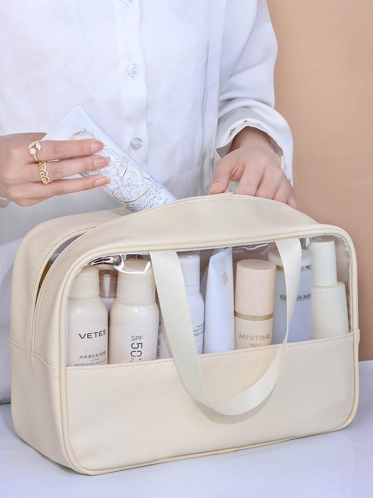 Bolsa de cosméticos de gran capacidad para mujer, nuevo estilo transparente, portátil, bolsa de almacenamiento de cosméticos de aspecto elegante, bolsa de viaje impermeable, bolsa de aseo