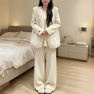 秋冬针织套装女搭配马甲超好看的韩式小V领套头毛衣+拖地裤两件套