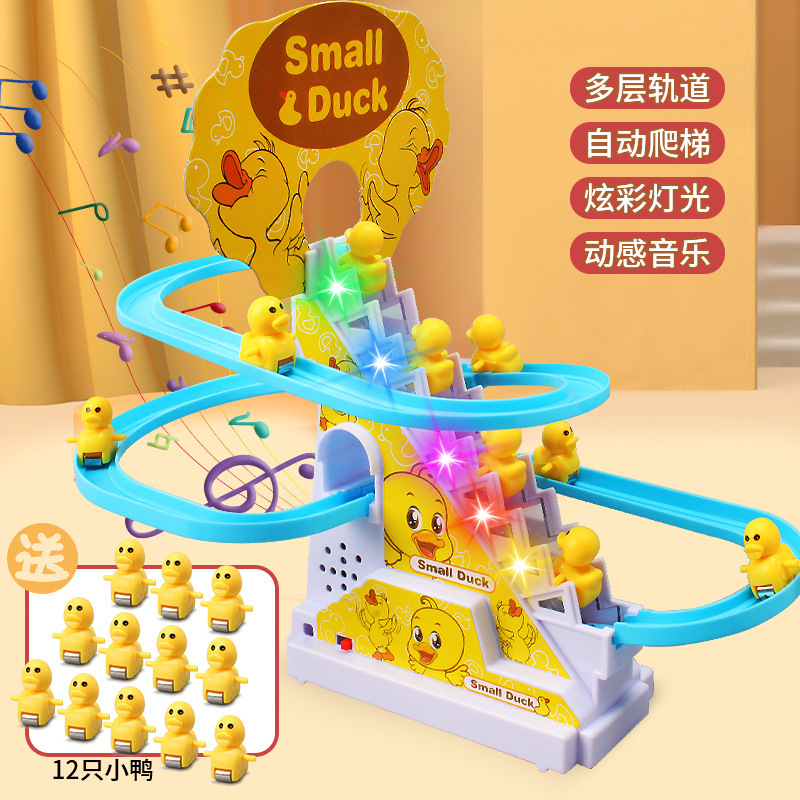 Tiktok mismo estilo pequeño pato subir escaleras juguete de pista eléctrica para niños pequeño pato amarillo subir escalera jardín de infantes regalo en stock