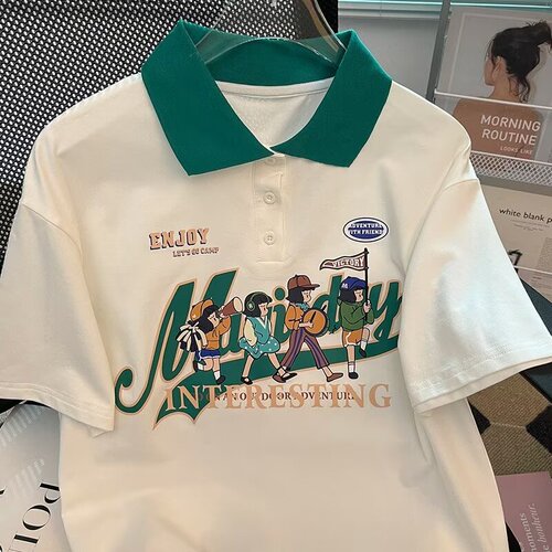 Trendy polo shirt short-sleeve boys' summer loose embroidery heavy-duty solid color T-shirt college style color-block half-sleeve T-shirt