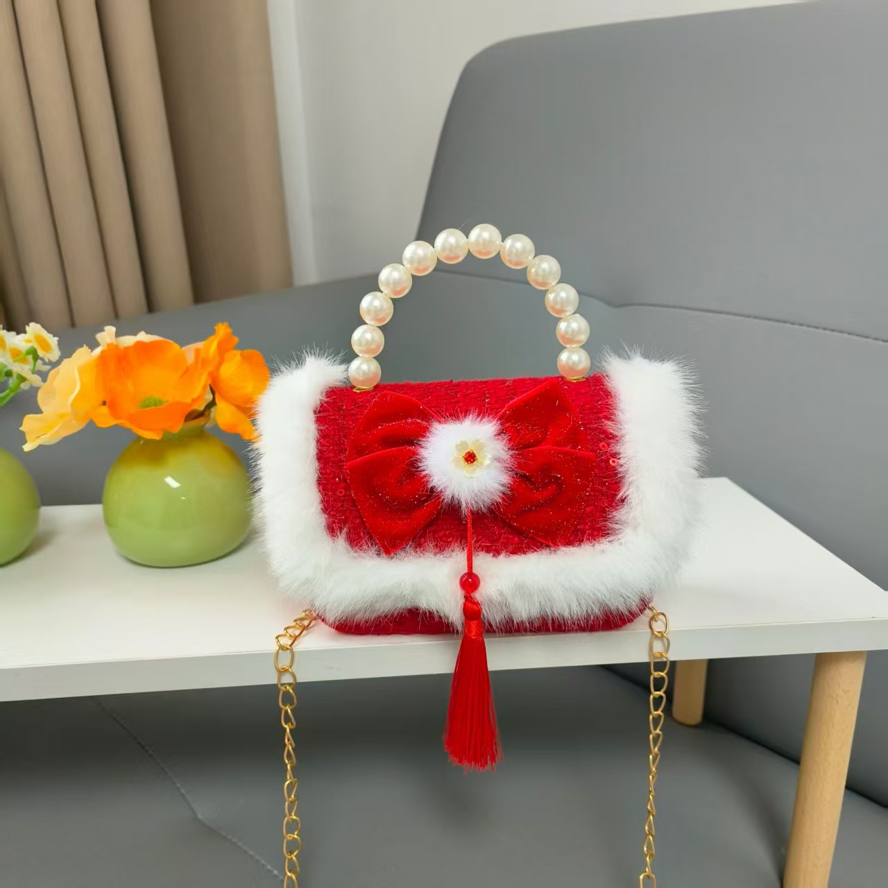 Bolso de la princesa portátil de perlas de Año Nuevo gran rojo para niños bolso de Año Nuevo bolso de chicas bolso de cadena pequeña bolsa de accesorios de viento fragante