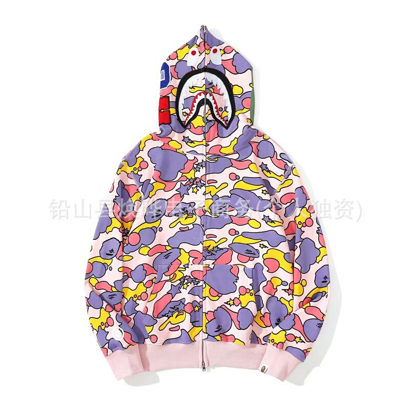 Cross-Border New Trendy Brand Bape Shark Head Camouflage Candy Color 3D Printing Zipper Loose Sweatshirt Source Factory
