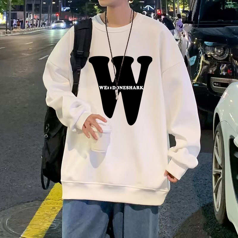 Hong Kong Style Round Neck Sweatshirt for Men, Long-Sleeved T-Shirt with Simple Letter Print, Thin Solid Color Top, Versatile and Loose-Fitting Hong Kong Style Round Neck Sweatshirt for Men, Long-Sleeved T-Shirt with Simple Letter Print, Thin Solid Color Top, Versatile and Loose-Fitting