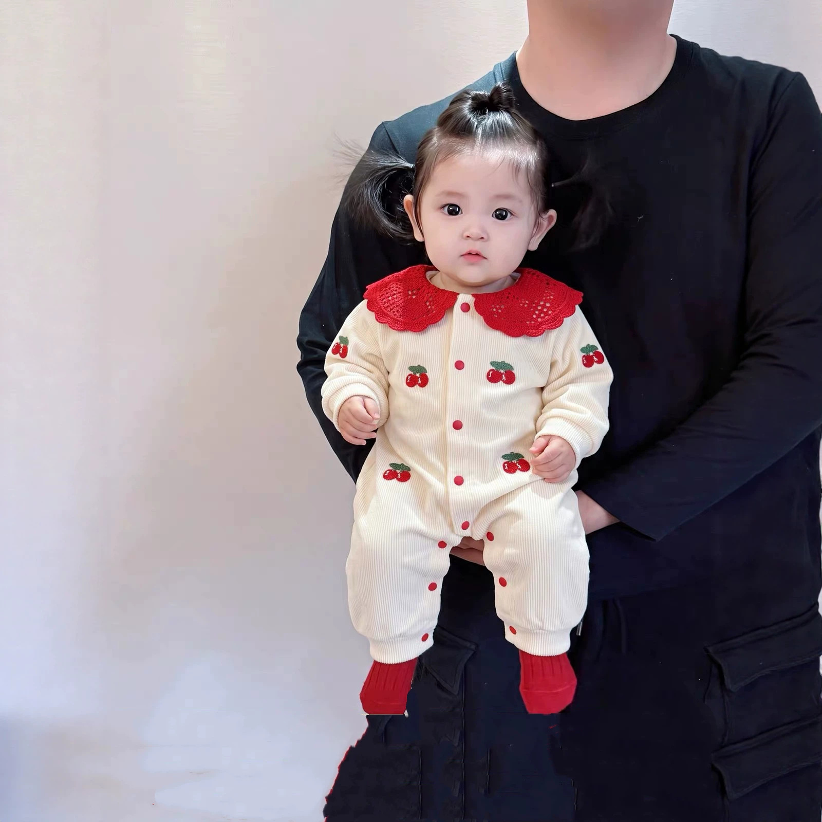 婴儿连体衣春秋季女宝宝樱桃哈衣长袖双层爬服甜美秋装衣服外出服