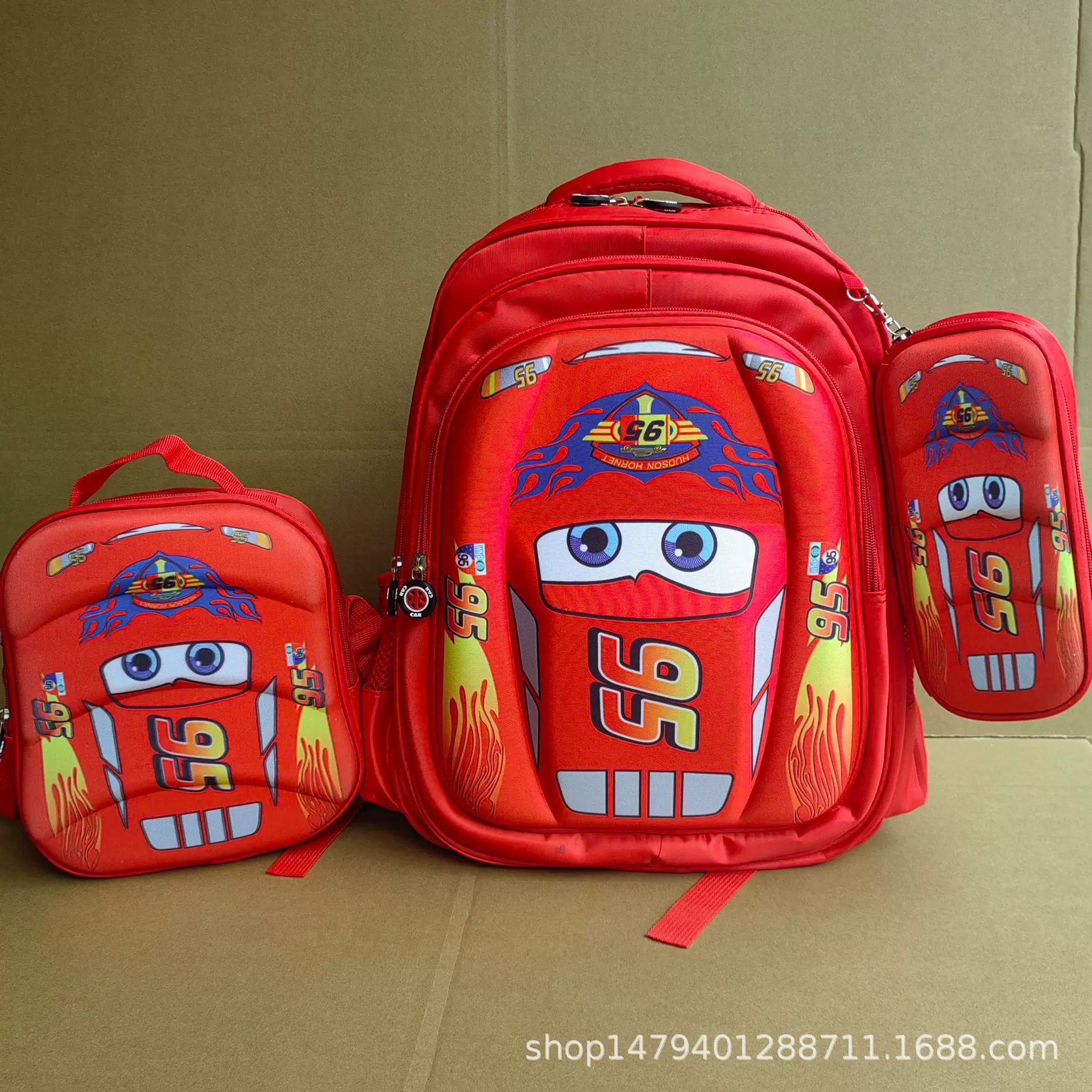 三件套书包小学生 卡通95汽车午餐包大容量笔盒跨境货源一件代发