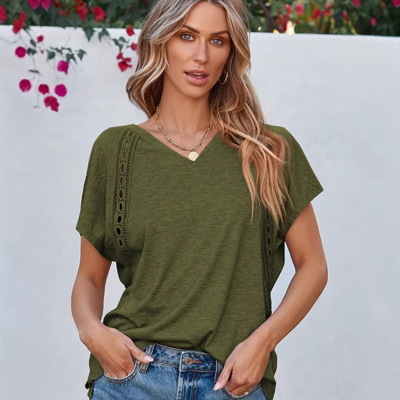 2025 Summer New Style Loose Short-Sleeved T-Shirt for Women European and American Fashion Crochet Lace Off-Shoulder Three-Quarter Sleeve Top 2025 Summer New Style Loose Short-Sleeved T-Shirt for Women European and American Fashion Crochet Lace Off-Shoulder Three-Quarter Sleeve Top