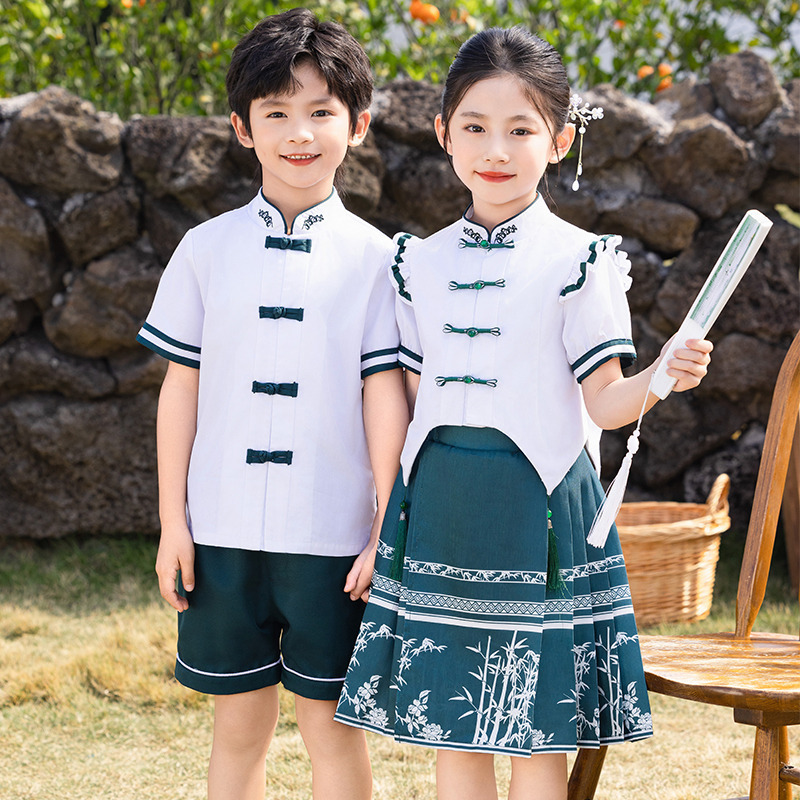 兒童漢服夏裝男女童中國風唐裝日常套裝夏季短袖新中式六一演出服