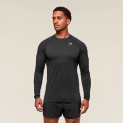 亚马逊外贸男紧身衣GYMSHARK运动健身跑步训练服弹力印花长袖T恤