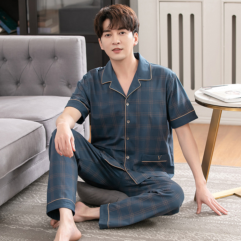 Popular men's pajamas summer cotton short-sleeved trousers spring and autumn thin cotton summer half-sleeved home wear