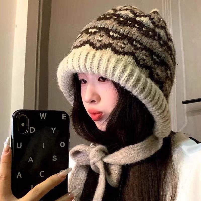 渐变色毛线帽子秋冬季女韩版百搭显脸小针织帽防寒保暖护耳毛绒帽|undefined