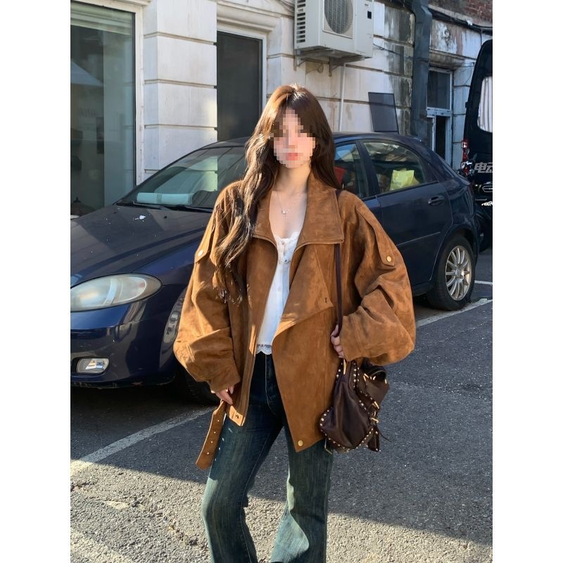麂皮绒机车外套2025秋季复古美拉德休闲宽松慵懒翻领廓形感夹克女|undefined
