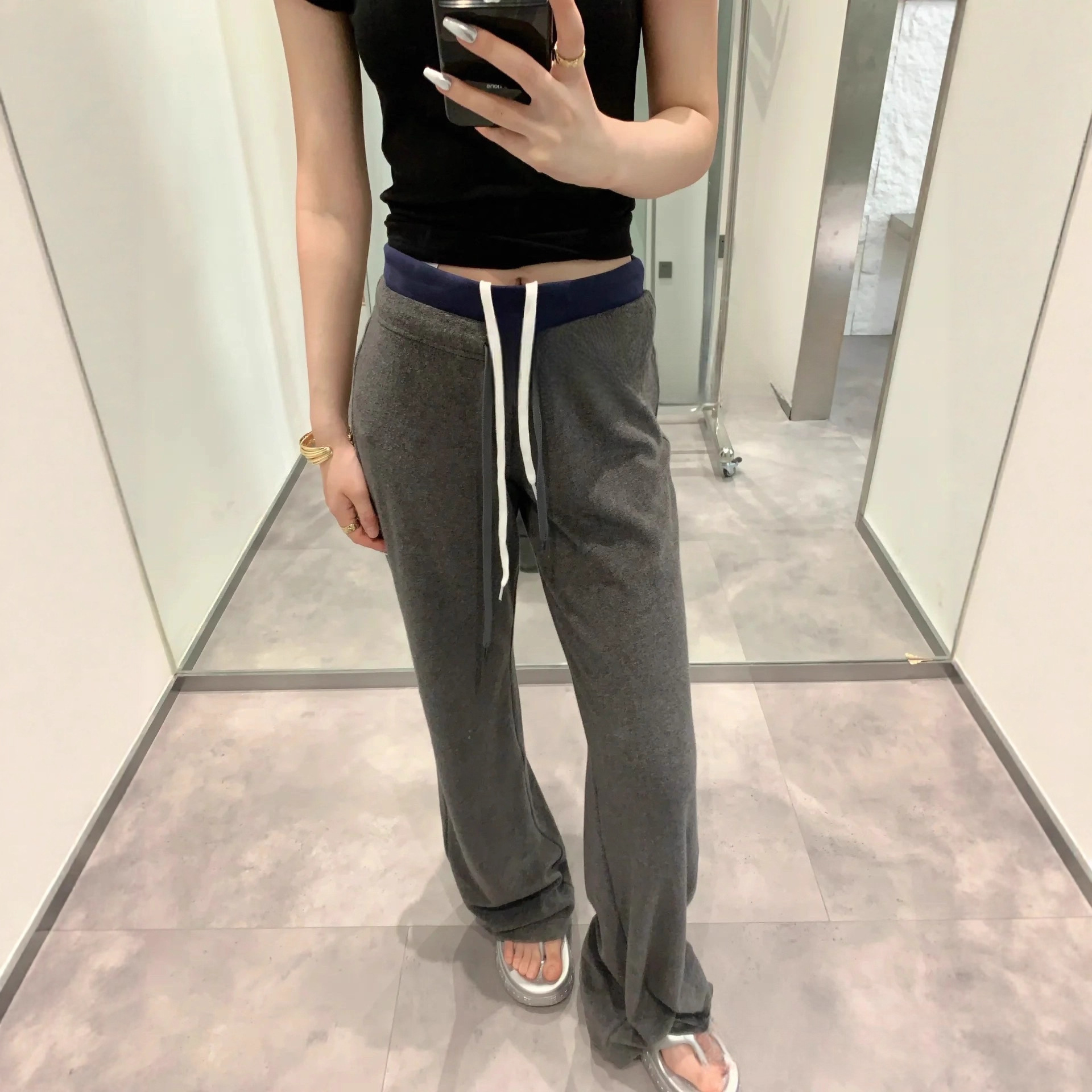 新款时髦复古中低腰设计双腰抽绳慵懒松弛直筒微喇休闲裤女5329