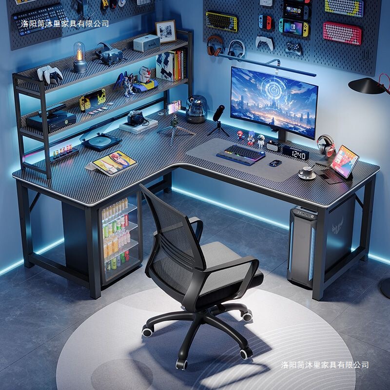 Double Desktop Corner Computer Desk for Home Use, Carbon Fiber Color Corner Desk, Simple Corner Wall-Mounted Office Desk for Bedroom