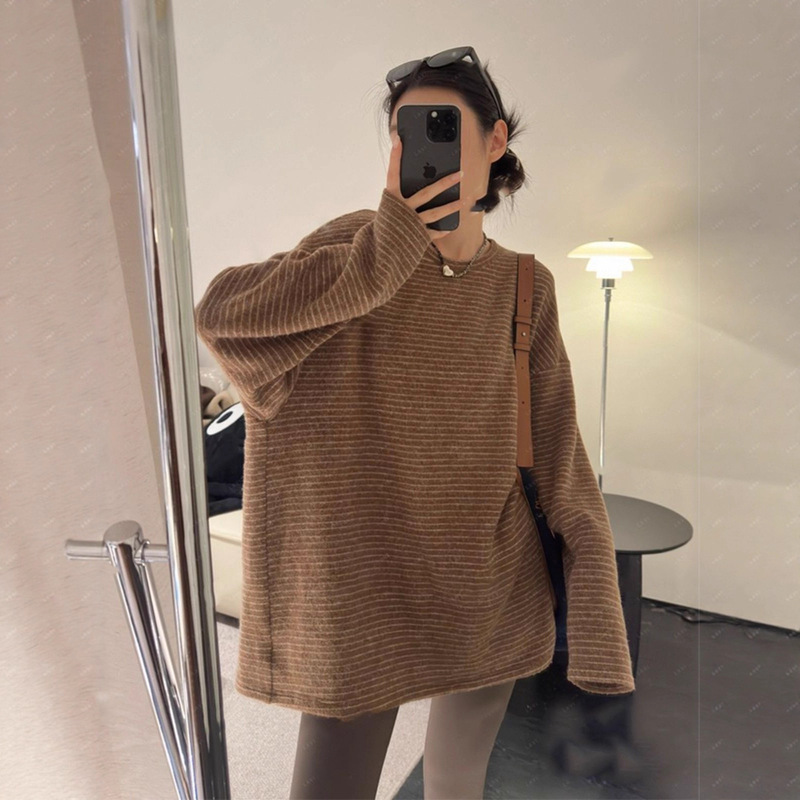 Korean Style Autumn and Winter New Casual Versatile Brushed Striped T-Shirt for Women, Loose and Lazy Long-Sleeved Soft and Waxy Comfortable Bottoming Shirt