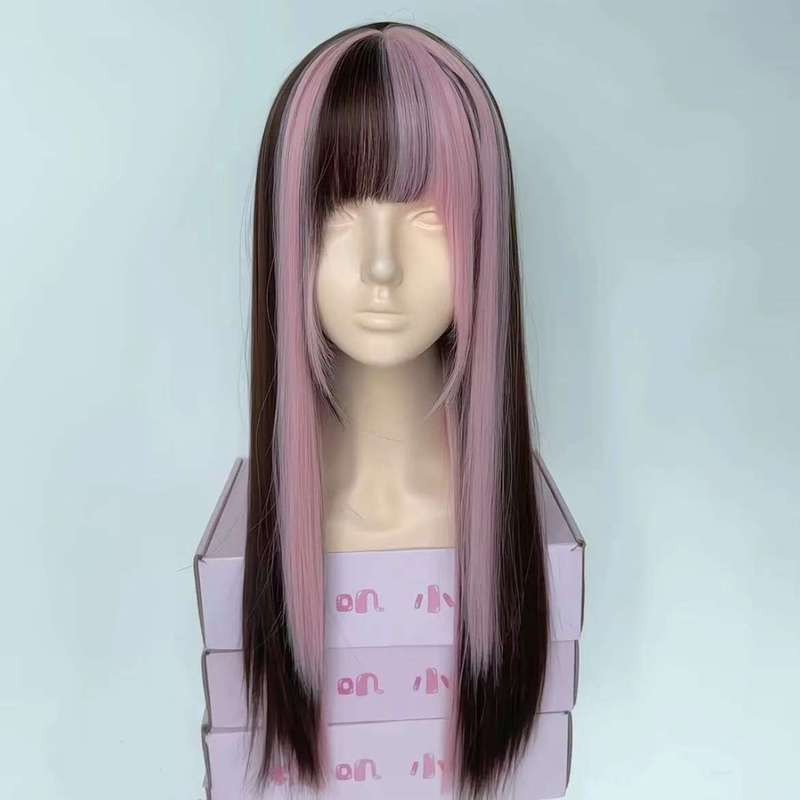 秋日假发女长直发粉色挑染齐刘海双马尾洛丽塔jk百搭日常整顶头套|undefined
