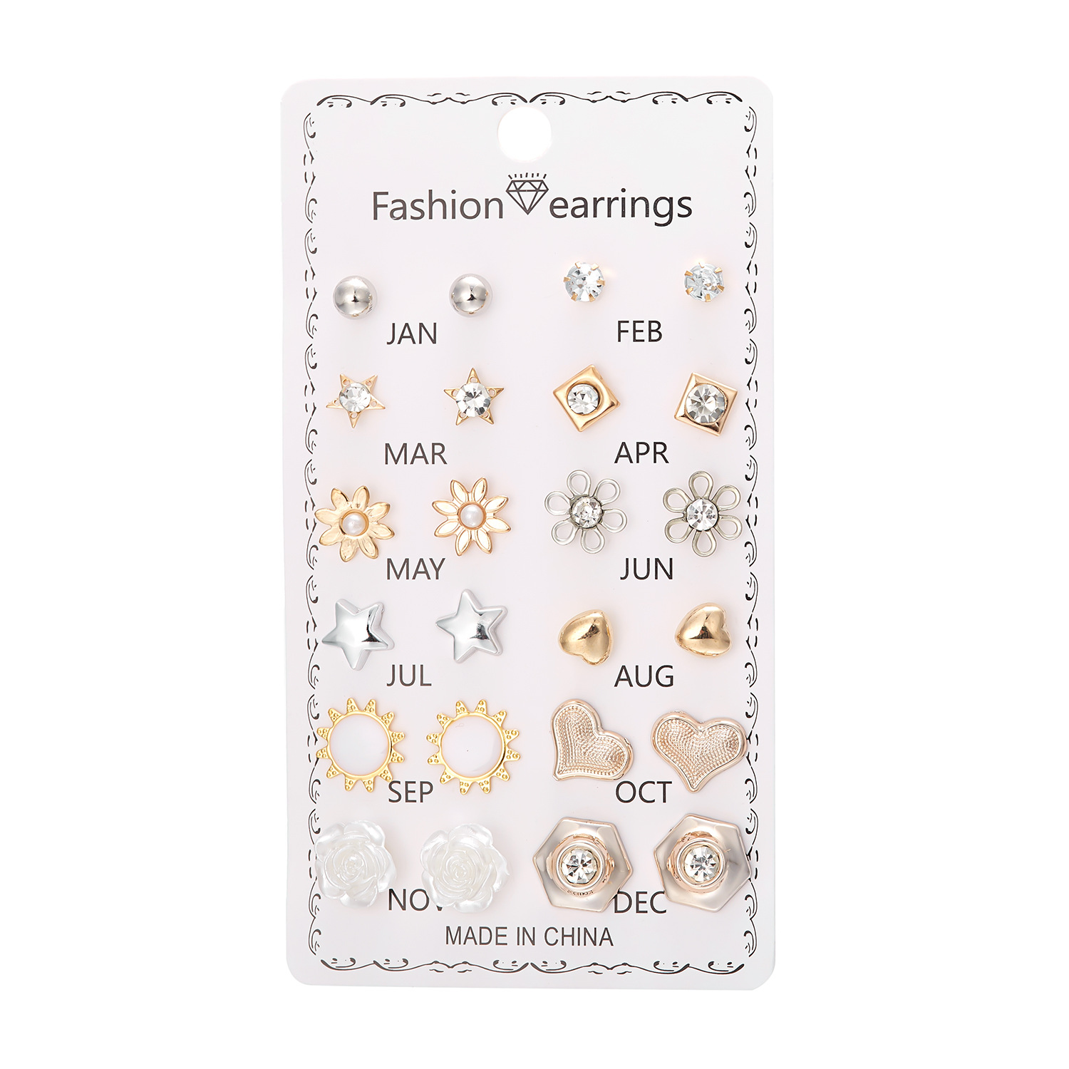 Set de 12 pares de aretes con flores de diamante