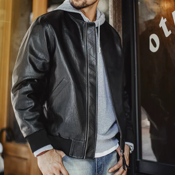 Maden Workwear American-Style Black Ma1 Pilot Leather Jacket, Cool Short Style with Lychee Texture, Short Coat for Men, Spring