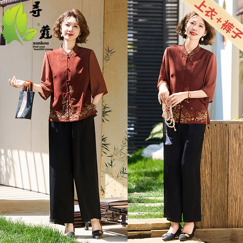 Новый китайский костюм для мамы, женская модная вышивка среднего и пожилого национального стиля, набор из двух частей, 40-летний средний рукав, древняя одежда летом