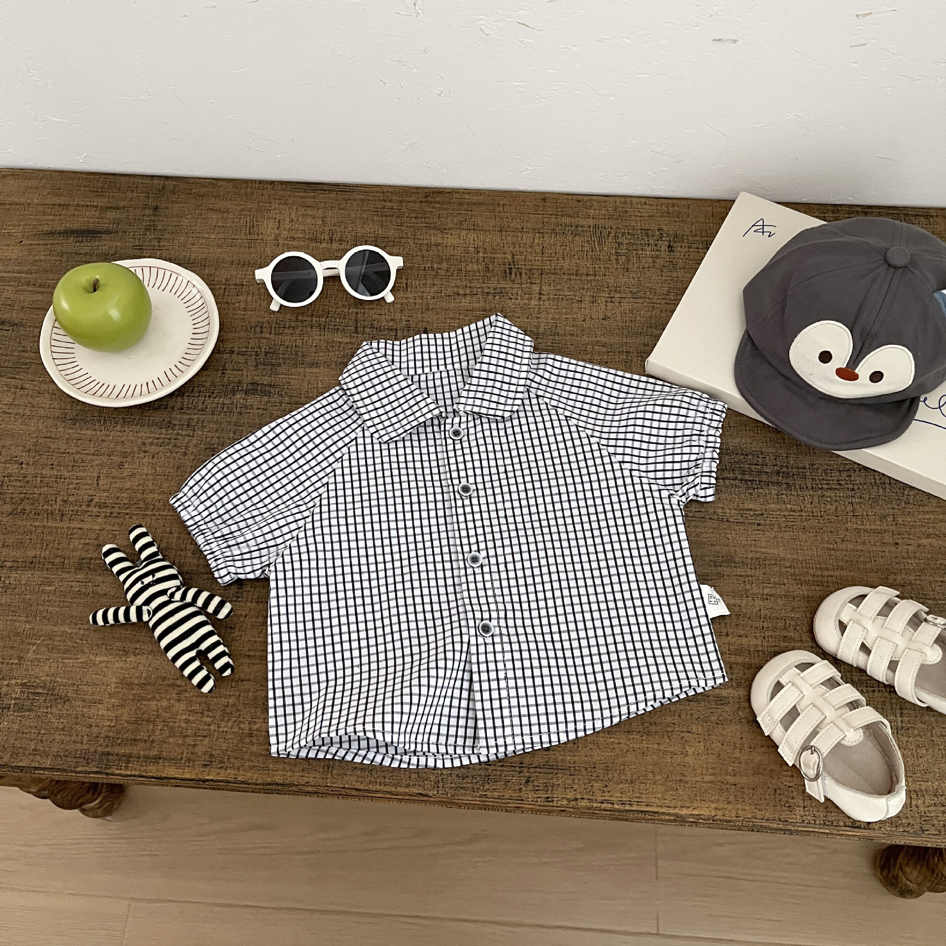 Camisas delgadas de manga corta de verano para bebés, ropa de bebé, camisa de algodón a cuadros, ropa casual