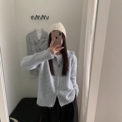 韩版慵懒风翻领拉链针织毛衣女2025年秋冬新款纯色简约宽松女上衣