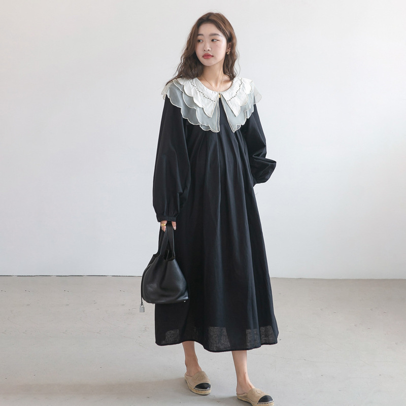 Autumn New Arrival Pregnant Women's Dress Internet Popular Fashionable Flower Collar Long Sleeve Dress Loose Large Size Mid-length Dress