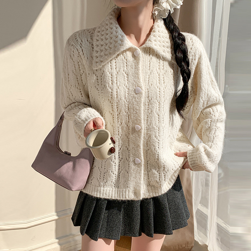 Inventario otoño invierno nuevo estilo coreano diseño sensación hueco solapa de punto cardigan suéter suave suave suelto