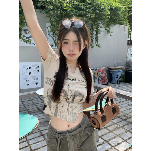 Milk Silk American Retro Short Sleeve T-Shirt for Women Summer Asymmetrical Design Pure Desire Seductive Short Fashion Top