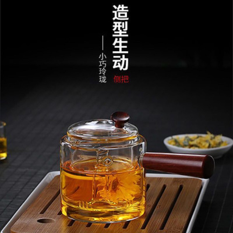 Mango lateral filtro tetera engrosada vidrio borosilicato Kung Fu juego de té traje hogar mango de madera al vapor Té fabricante
