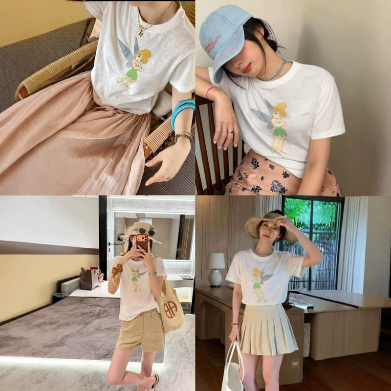 26 Summer New Round Neck Elf Snowflake Short Sleeve T-Shirt for Women, Slim Fit, Solid Color, Versatile for Everyday Wear, Sweet Style