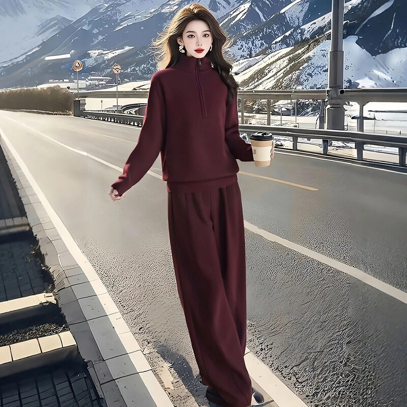 Spring and Autumn with a Set of Fashion European Casual Sports suit Women's Stylish fleece-lined Sweatshirt Wide Leg Pants Two-piece Set