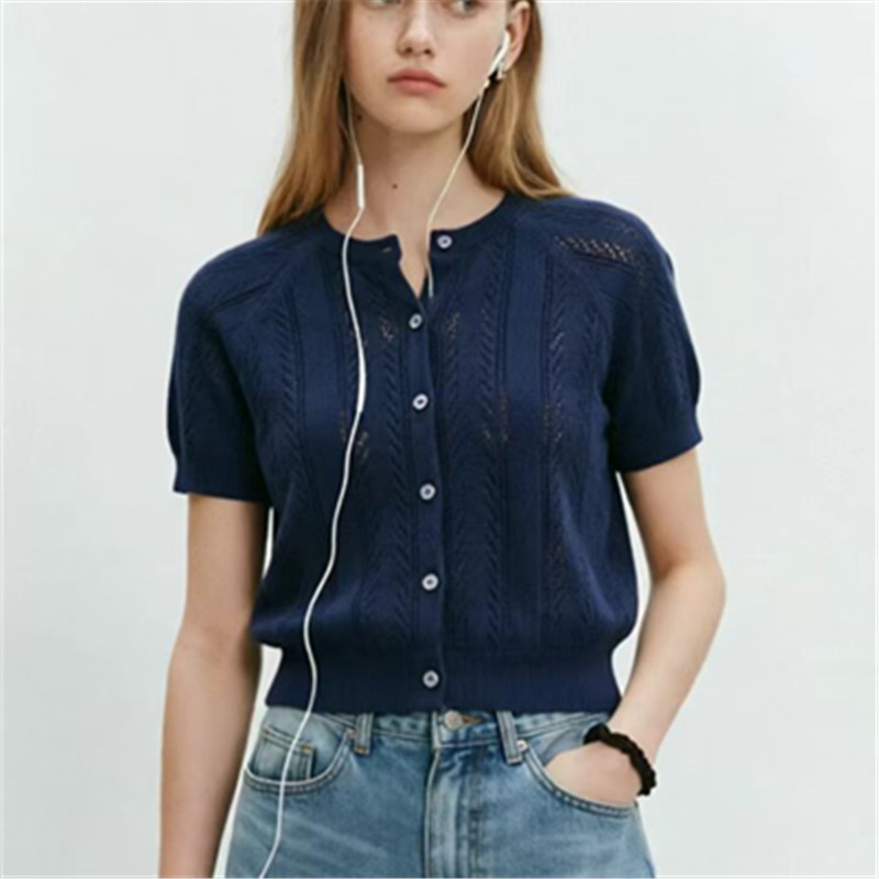 Top-Level Version of m Brand's 2026 Summer New Solid Color Hollow-Out Thin Round-Neck Short-Sleeve Knit Cardigan, Stylish and Versatile