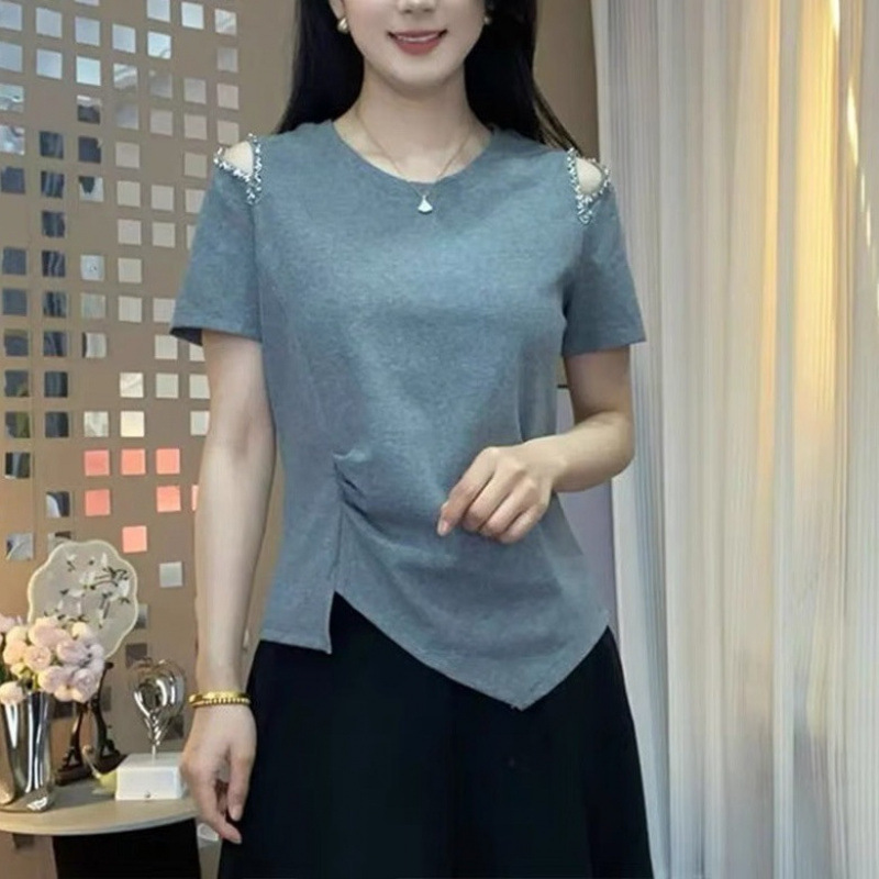 純綿大きいサイズヨーロッパビーズオフショルダー半袖 Tシャツ女性のための 2025 夏の新しいルーズ痩身ファッショナブルなトップス女性のための|undefined