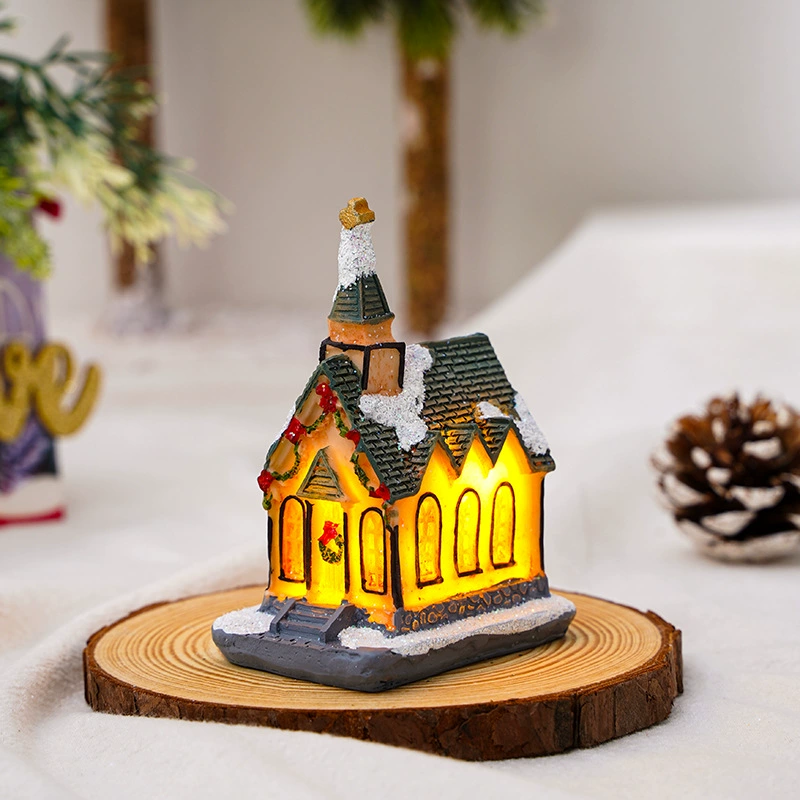 Miniature resin house decorations, micro landscape LED models, battery‑powered, assorted sizes 7–10 cm