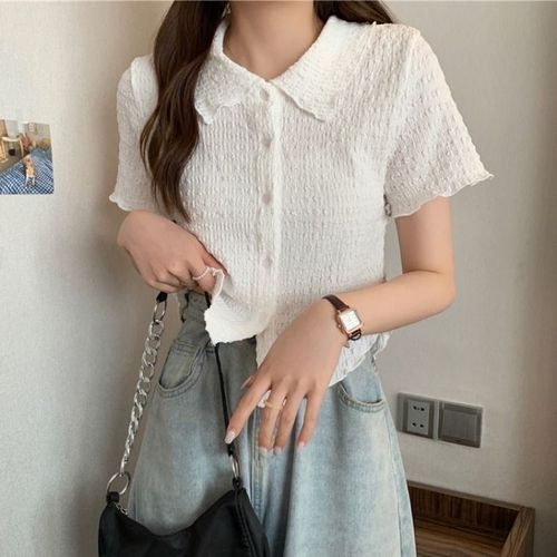  Korean style girl slimming versatile short-sleeved shirt for women with POIO collar 