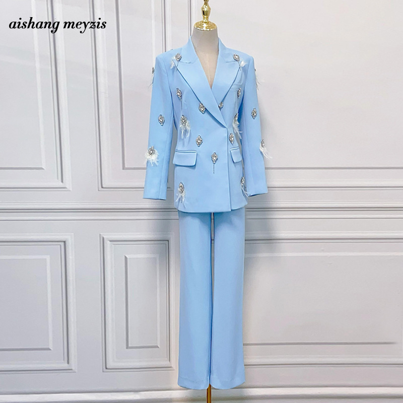 GraceChic High-End Socialite Elegant Foreign Trade Suit For Women 2025 Spring Autumn New Style With Rhinestones And Feather Flared_voghion.com