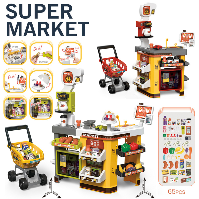 Comercio exterior para niños simulación supermercado cajero refrigerador spray escaneo tarjeta de crédito jugar casa carrito de compras supermercado juguete